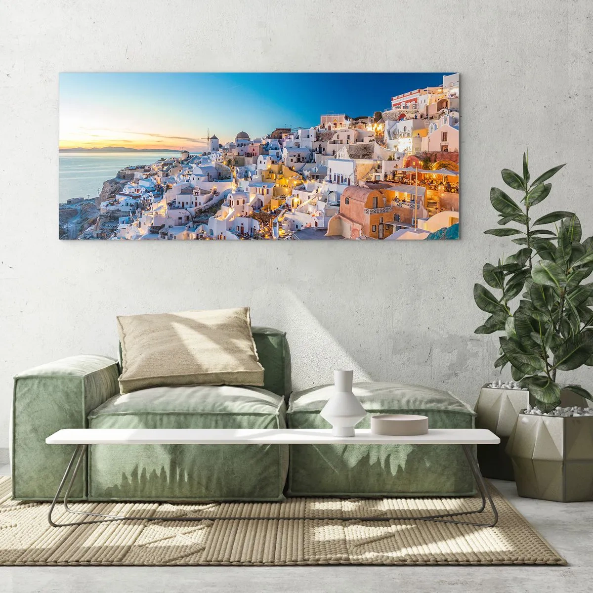 Cuadro sobre vidrio - Impresiones sobre Vidrio - Vista de una ciudad griega al atardecer - 160x50cm - La esencia de lo griego - Decoración de pared moderna para salón y dormitorio ARTTOR