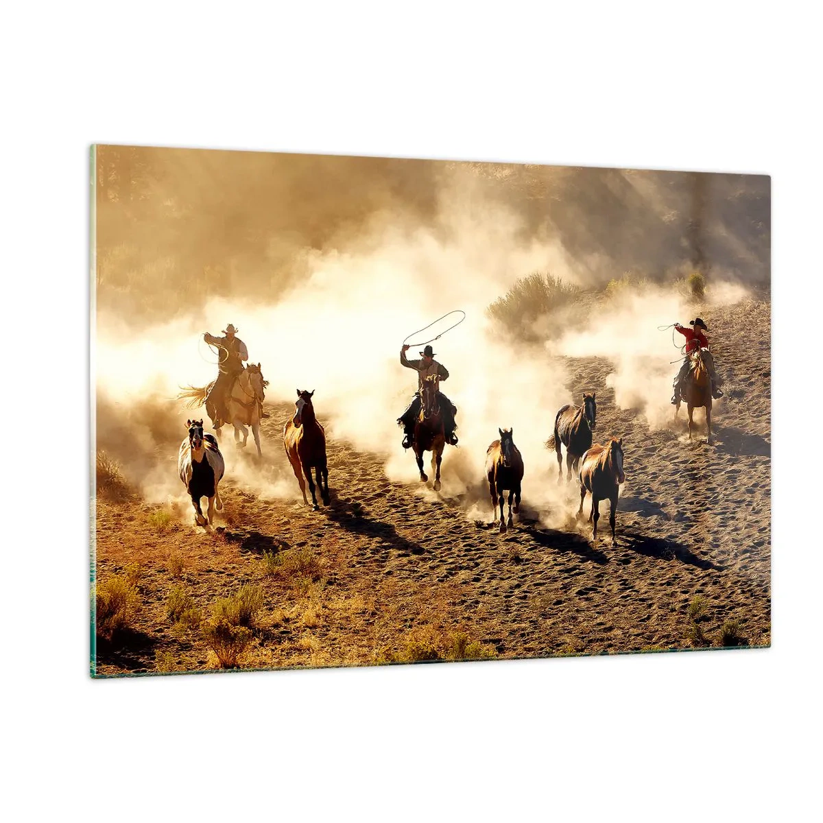 Cuadro sobre vidrio - Impresiones sobre Vidrio - Vaqueros a caballo en el polvo en un rodeo - 120x80cm - El salvaje oeste - Decoración de pared moderna para salón y dormitorio ARTTOR