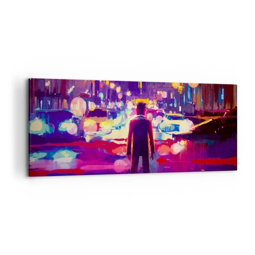 Cuadro sobre lienzo - Impresión de Imagen - Un hombre en una escena nocturna de la ciudad de neón. - 120x50cm - Inmerso en la luz - Decoración de pared moderna para salón y dormitorio ARTTOR