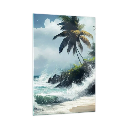 Cuadro sobre vidrio - Impresiones sobre Vidrio - Costa tropical con palmeras y mar agitado. - 70x100cm - En una costa tropical - Decoración de pared moderna para salón y dormitorio ARTTOR