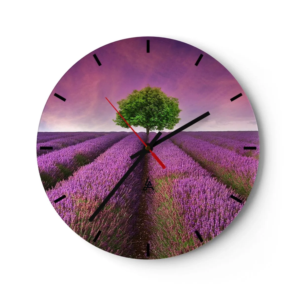 Reloj de pared - Reloj de vidrio - Un campo de lavanda con un árbol solitario contra un cielo colorido. - 30x30cm - En los campos de lavanda - Decoración de pared moderna para salón, cocina y dormitorio ARTTOR