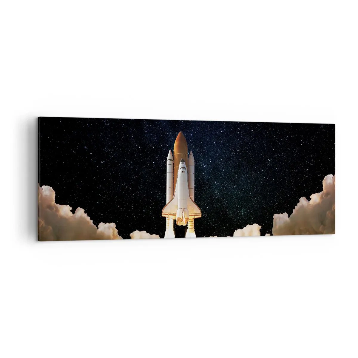 Cuadro sobre lienzo - Impresión de Imagen - Un cohete espacial despegando contra el cielo estrellado. - 140x50cm - ¡Ad astra! - Decoración de pared moderna para salón y dormitorio ARTTOR