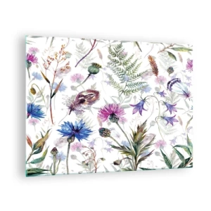 Cuadro sobre vidrio - Impresiones sobre Vidrio - Dibujos de flores silvestres y hojas sobre un fondo claro. - 70x50cm - Herbario polaco - Decoración de pared moderna para salón y dormitorio ARTTOR