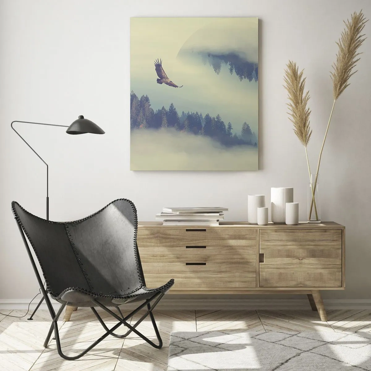 Cuadro sobre vidrio - Impresiones sobre Vidrio - Un águila en vuelo con un telón de fondo de montañas brumosas con un motivo circular artístico. - 80x120cm - Vi la sombra de un águila - Decoración de pared moderna para salón y dormitorio ARTTOR