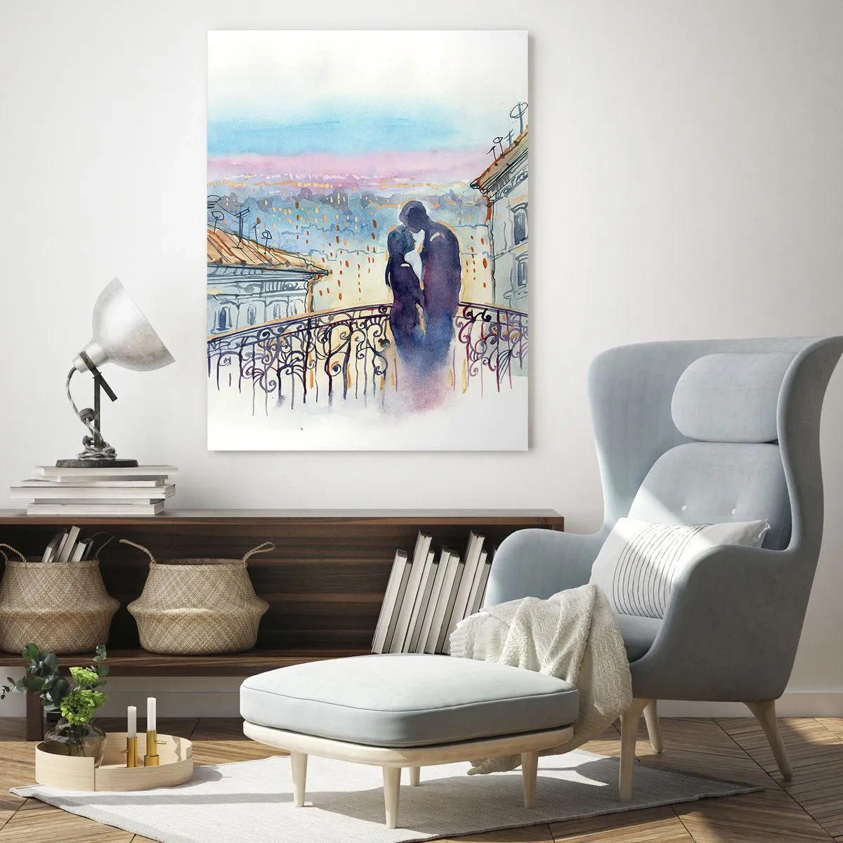 Cuadro sobre vidrio - Impresiones sobre Vidrio - Pareja romántica en un balcón con vistas a la ciudad. - 80x120cm - Los amantes de París - Decoración de pared moderna para salón y dormitorio ARTTOR