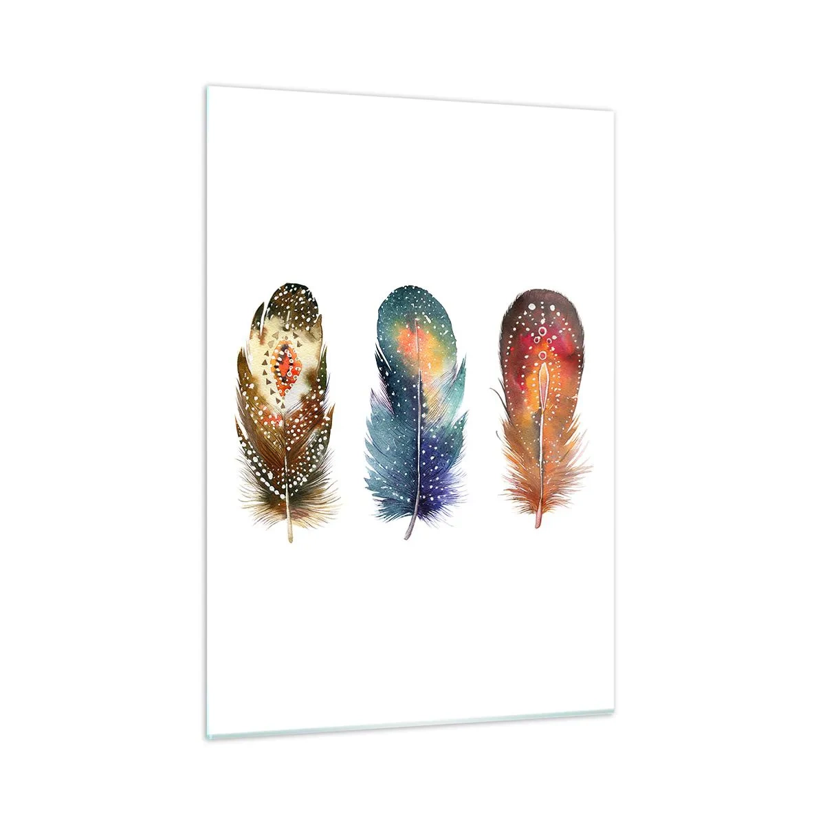 Cuadro sobre vidrio - Impresiones sobre Vidrio - Tres plumas de colores con patrones étnicos. - 50x70cm - Rituales, ceremonias, secretos - Decoración de pared moderna para salón y dormitorio ARTTOR