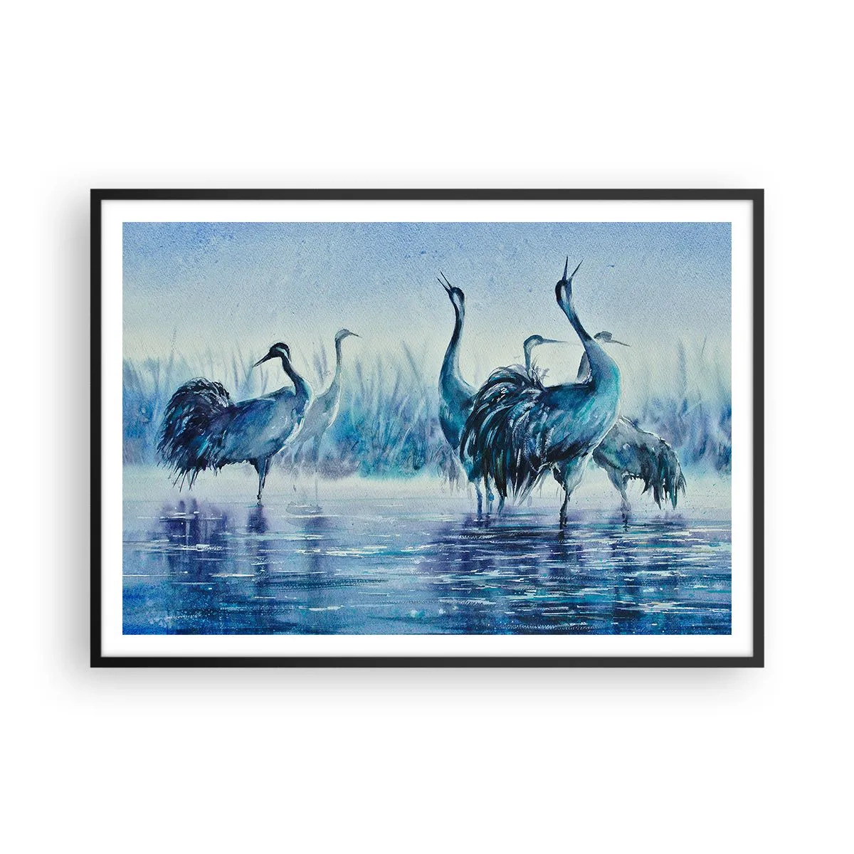 Póster en marco negro - Grúas sobre un fondo de niebla y agua en tonos azules. - 100x70cm - Reunión matinal - Decoración de pared moderna para salón y dormitorio ARTTOR