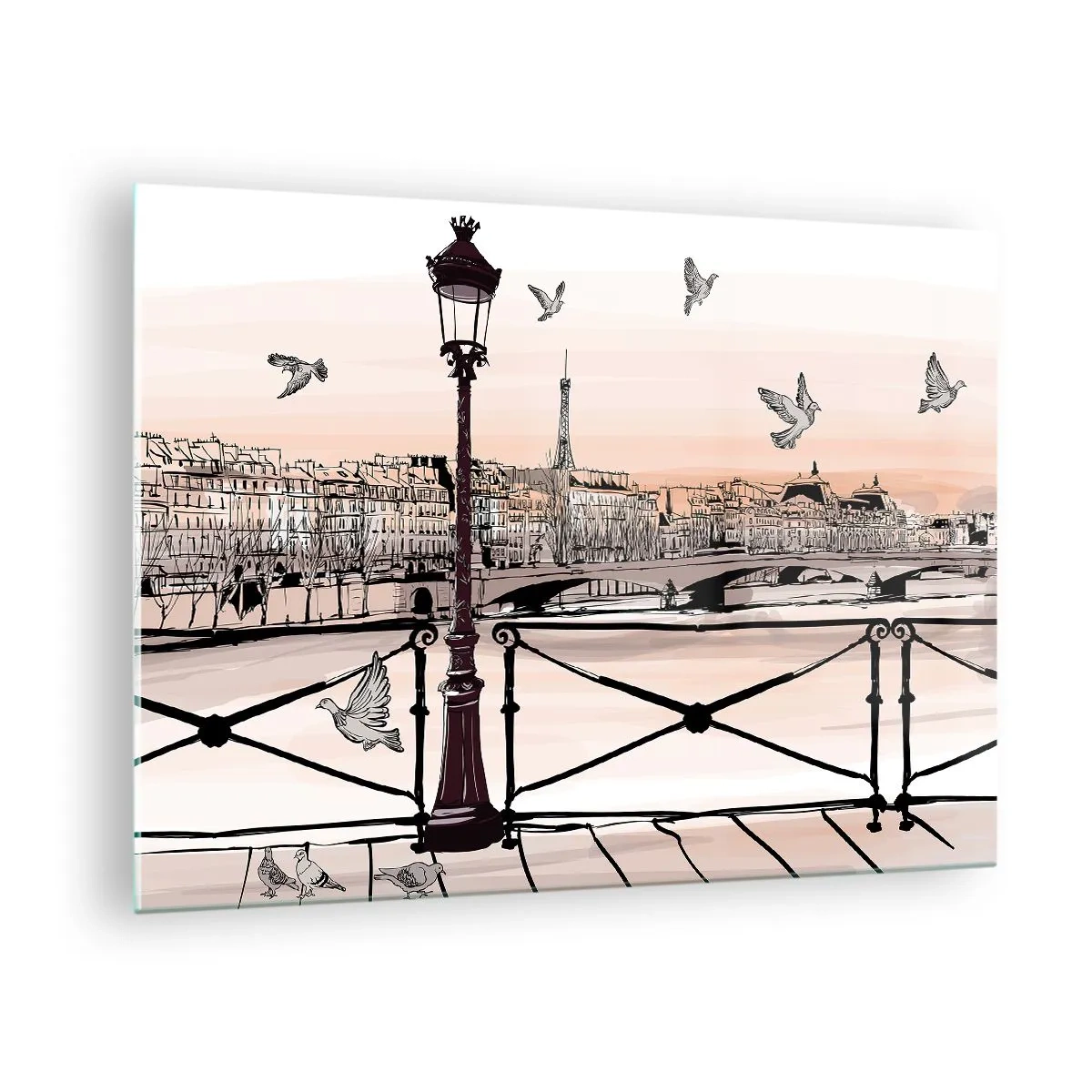 Cuadro sobre vidrio - Impresiones sobre Vidrio - Ilustración de una calle parisina con vista a la Torre Eiffel al amanecer - 70x50cm - Sobre los tejados de París - Decoración de pared moderna para salón y dormitorio ARTTOR