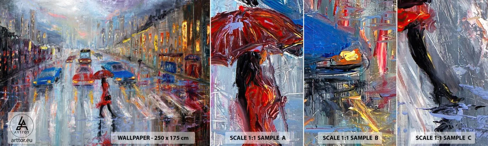 Muestra de fotomural autoadhesivo Deluxe Sticker - Una tarde de lluvia en la ciudad - Ciudad, Arquitectura, Caminar en la lluvia - 100x30 cm