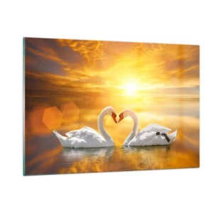 Cuadro sobre vidrio - Impresiones sobre Vidrio - Dos cisnes en el agua formando un corazón con el telón de fondo de una puesta de sol. - 120x80cm - Corazón es la palabra más bella del mundo... - Decoración de pared moderna para salón y dormitorio ARTTOR