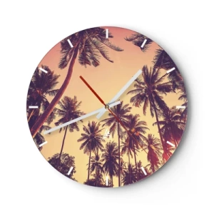 Reloj de pared - Reloj de vidrio - Palmeras al atardecer en cálidos tonos naranjas. - 30x30cm - Variante tropical - Decoración de pared moderna para salón, cocina y dormitorio ARTTOR