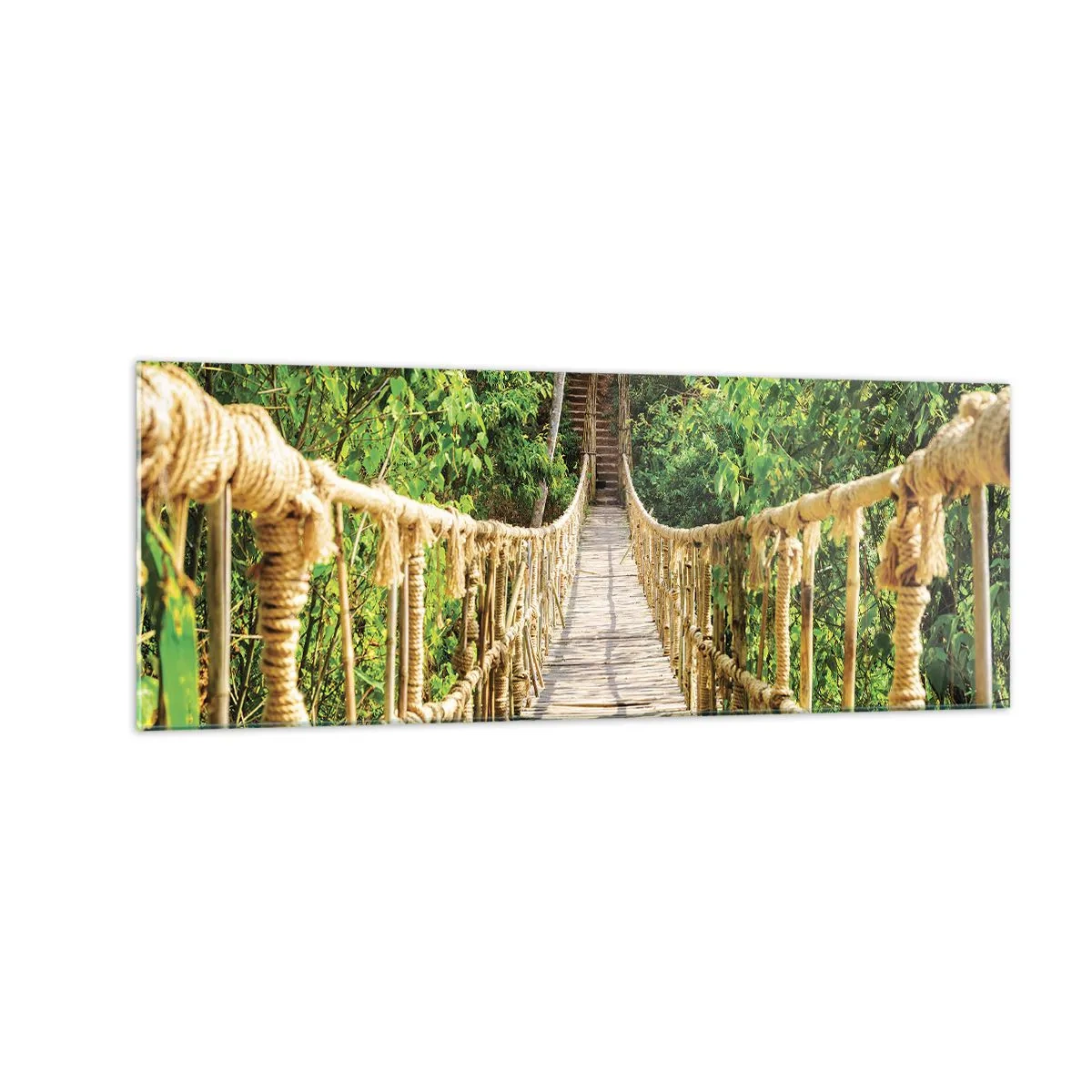 Cuadro sobre vidrio - Impresiones sobre Vidrio - Un puente colgante en un bosque tropical lleno de vegetación. - 140x50cm - Suspendido en verde - Decoración de pared moderna para salón y dormitorio ARTTOR