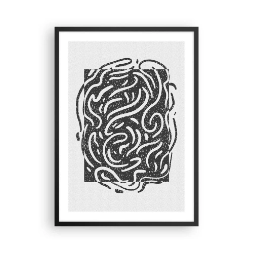 Póster en marco negro - Composición abstracta con líneas y formas dinámicas en blanco y negro. - 50x70cm - Abstracción: una danza de alegría - Decoración de pared moderna para salón y dormitorio ARTTOR