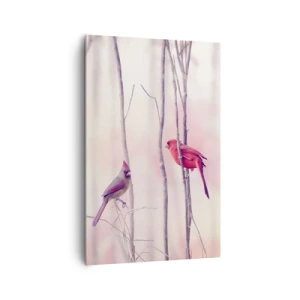 Cuadro sobre lienzo - Impresión de Imagen - Una pareja de cardenales posados en las ramas en un paisaje pastel. - 80x120cm - Historia de un bosque rosa - Decoración de pared moderna para salón y dormitorio ARTTOR