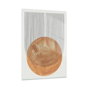Cuadro sobre vidrio - Impresiones sobre Vidrio - Forma geométrica con líneas concéntricas y un círculo dorado. - 50x70cm - Una composición soleada - Decoración de pared moderna para salón y dormitorio ARTTOR