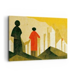 Cuadro sobre lienzo - Impresión de Imagen - Siluetas geométricas en rojo y verde sobre un fondo amarillo. - 120x80cm - Todavía lejos del destino - Decoración de pared moderna para salón y dormitorio ARTTOR