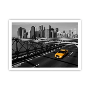 Póster - Taxi amarillo en un puente con vistas al horizonte de Nueva York - 100x70cm - El color de la gran ciudad - Decoración de pared moderna para salón y dormitorio ARTTOR
