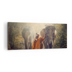 Cuadro sobre lienzo - Impresión de Imagen - Un monje con una túnica naranja guía un elefante en el bosque. - 120x50cm - Comprensión total - Decoración de pared moderna para salón y dormitorio ARTTOR