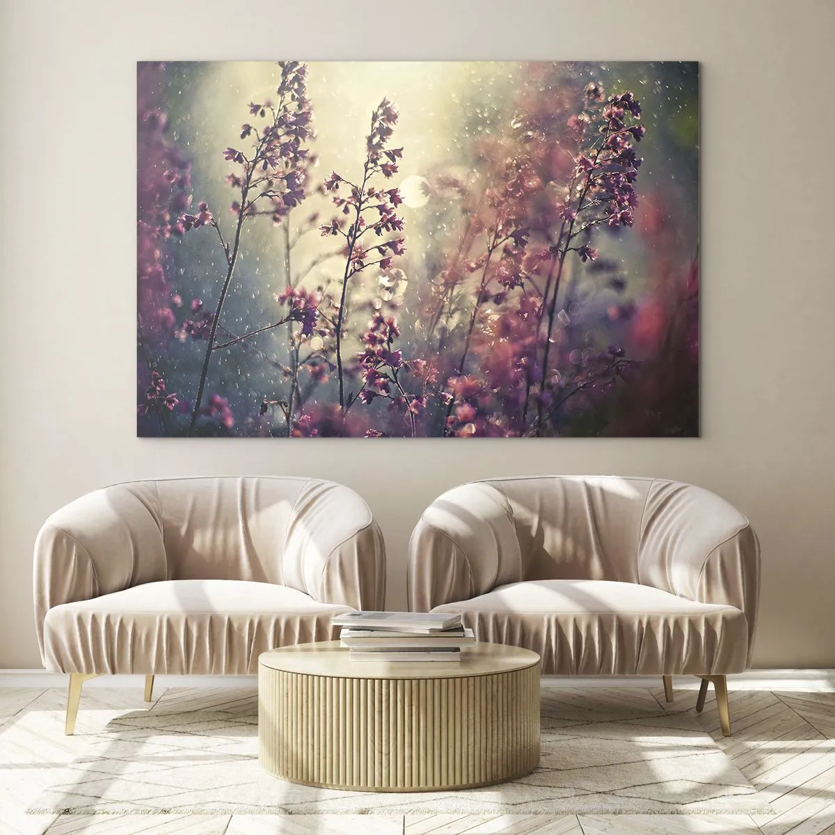 Cuadro sobre vidrio - Impresiones sobre Vidrio - Flores bajo la luz del sol bajo la suave lluvia. - 100x70cm - Jardín secreto - Decoración de pared moderna para salón y dormitorio ARTTOR