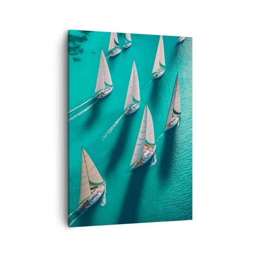 Cuadro sobre lienzo - Impresión de Imagen - Yates en aguas turquesas en movimiento dinámico - 50x70cm - En competición con el viento - Decoración de pared moderna para salón y dormitorio ARTTOR