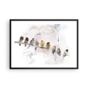Póster en marco negro - Pájaros coloridos en una rama en estilo acuarela. - 70x50cm - Reunión alada - Decoración de pared moderna para salón y dormitorio ARTTOR