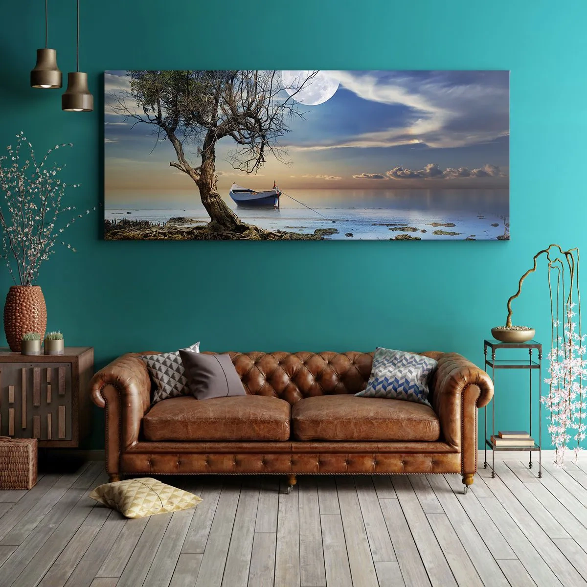 Cuadro sobre lienzo - Impresión de Imagen - Un árbol solitario y un barco en aguas tranquilas bajo la luna llena. - 120x50cm - ¿Es el final o el principio? - Decoración de pared moderna para salón y dormitorio ARTTOR