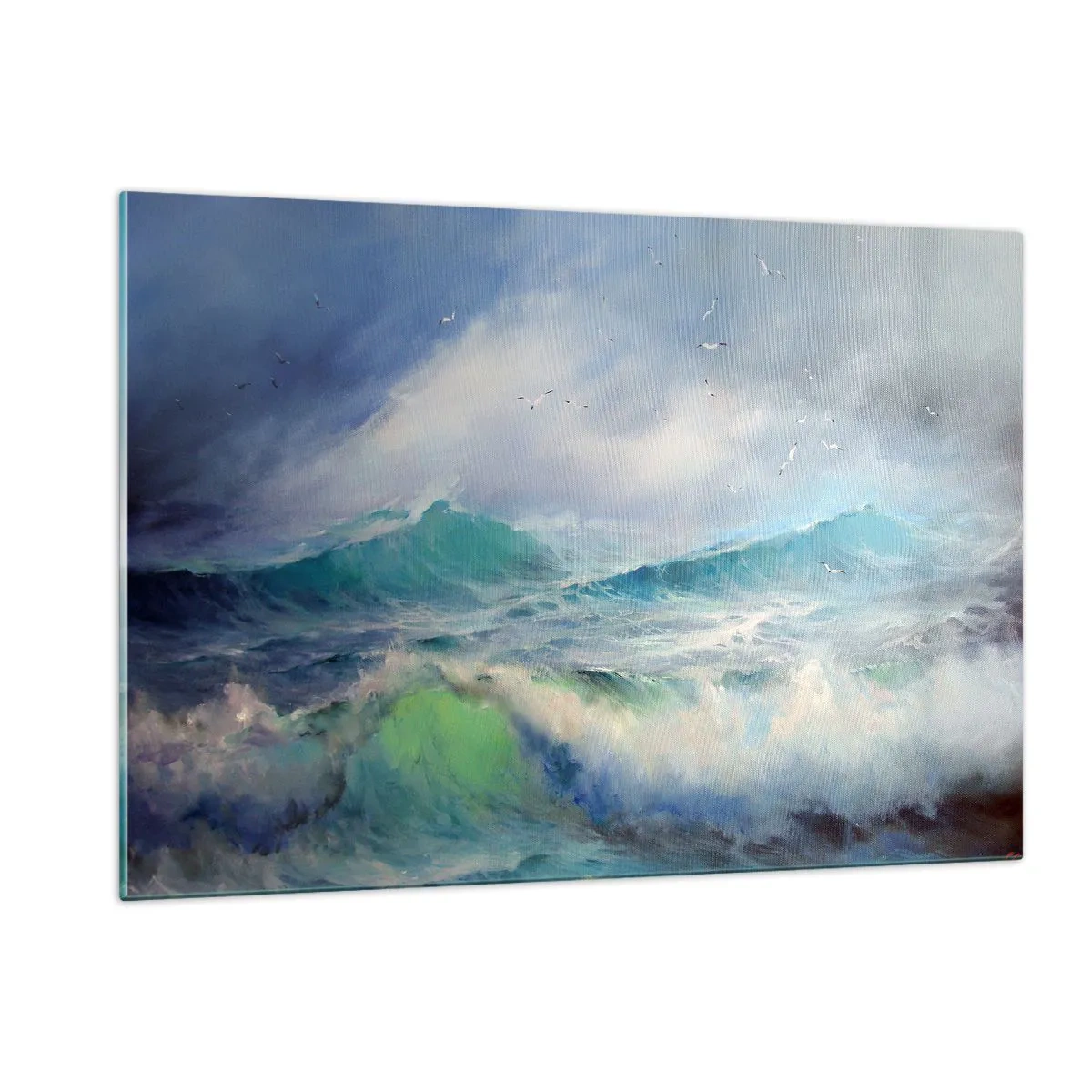 Cuadro sobre vidrio - Impresiones sobre Vidrio - Olas agitadas del océano con pájaros en un cielo nublado - 120x80cm - La fuerza del viento - Decoración de pared moderna para salón y dormitorio ARTTOR