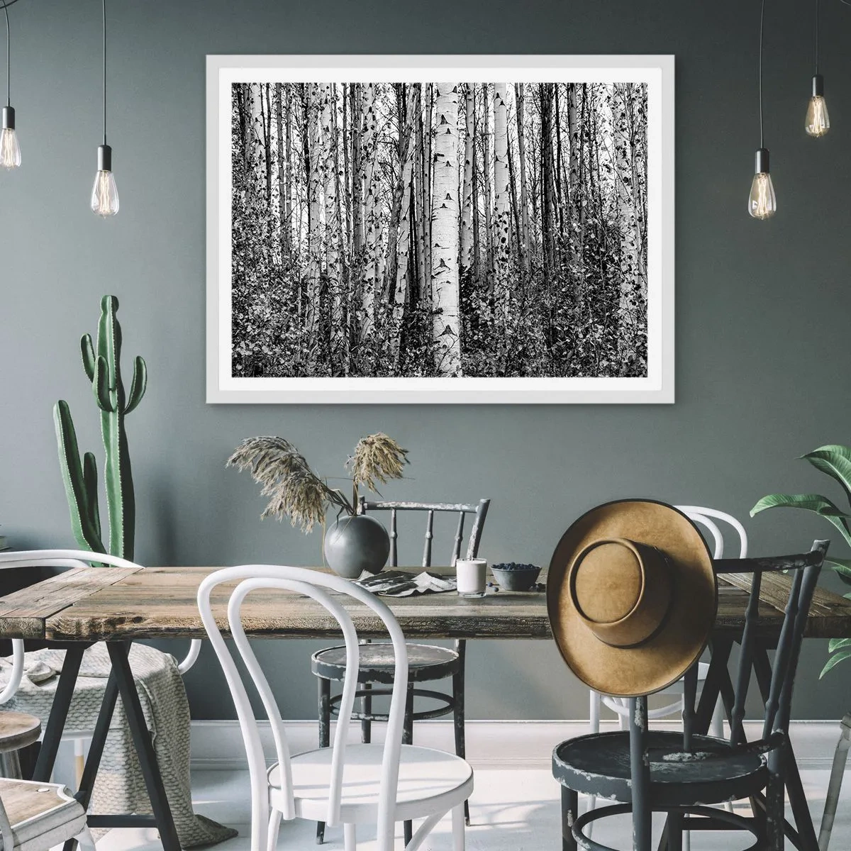 Póster en marco blanco - Columnas de abedules - 50x40 cm