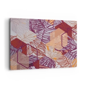Cuadro sobre lienzo - Impresión de Imagen - Un patrón decorativo de hojas tropicales en tonos morado, naranja y beige. - 100x70cm - La unión imposible de la geometría y la naturaleza - Decoración de pared moderna para salón y dormitorio ARTTOR