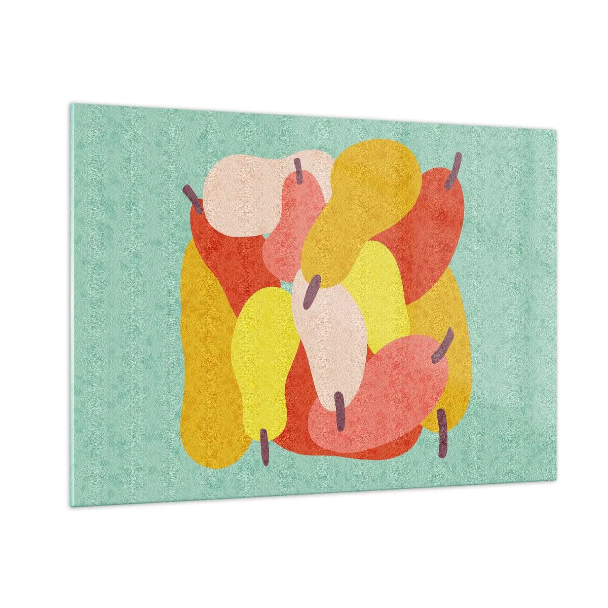 Cuadro sobre vidrio - Impresiones sobre Vidrio - Peras coloridas en un estilo gráfico sobre un fondo turquesa. - 100x70cm - Saborear el sol del verano - Decoración de pared moderna para salón y dormitorio ARTTOR