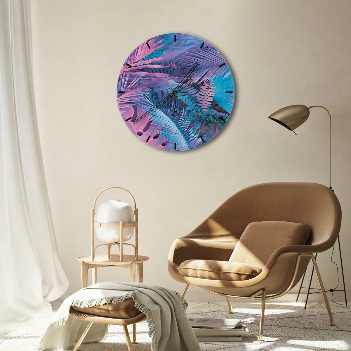 Reloj de pared - Reloj de vidrio - Una composición abstracta de hojas de palma en tonos rosa y azul. - 30x30cm - Trópicos en rosa y azul - Decoración de pared moderna para salón, cocina y dormitorio ARTTOR