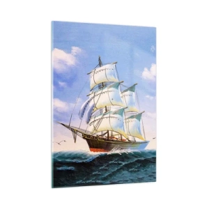 Cuadro sobre vidrio - Impresiones sobre Vidrio - Un velero en alta mar bajo un cielo azul. - 50x70cm - Orgulloso con el viento - Decoración de pared moderna para salón y dormitorio ARTTOR