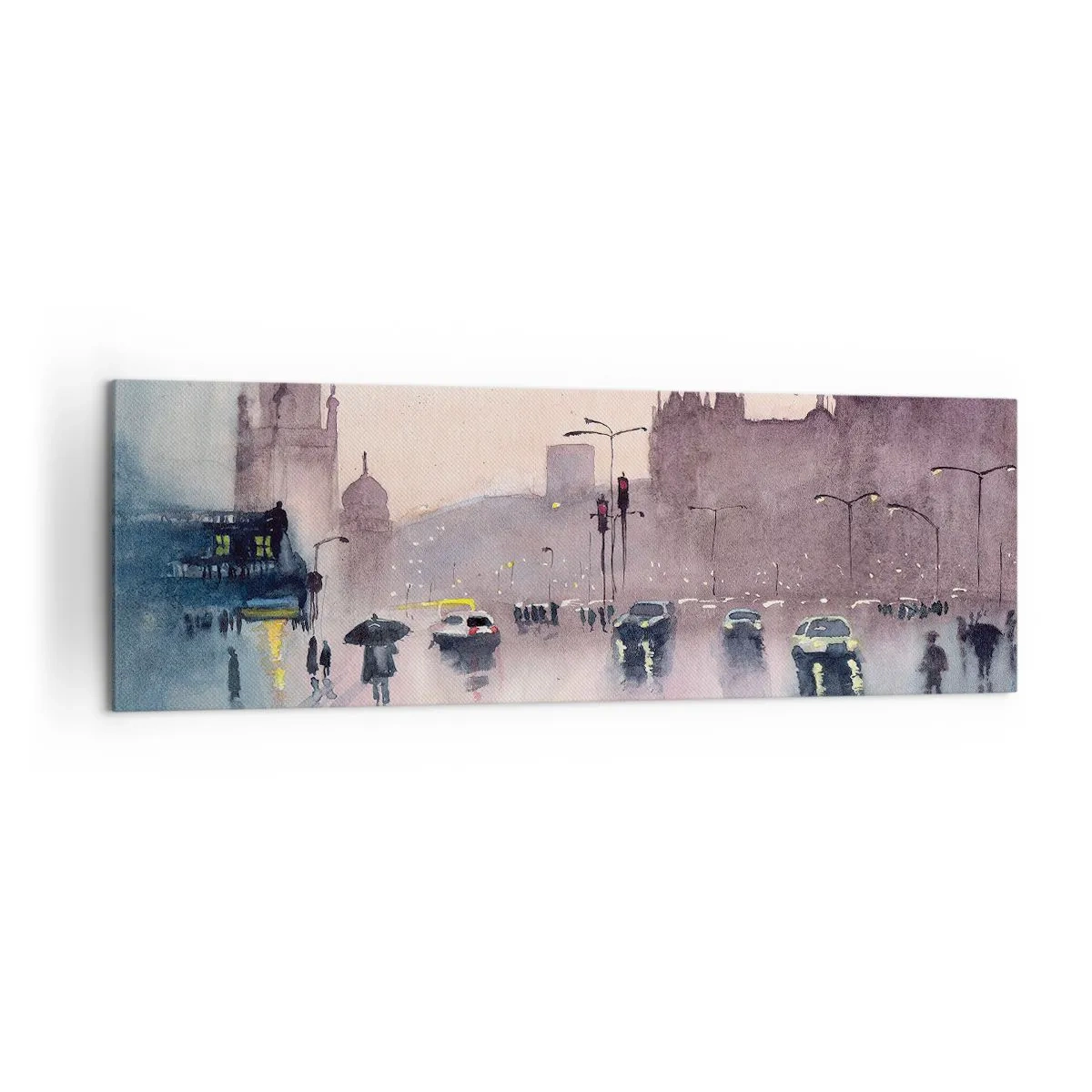 Cuadro sobre lienzo - Impresión de Imagen - Una calle de la ciudad al anochecer en estilo acuarela. - 160x50cm - En una niebla lluviosa - Decoración de pared moderna para salón y dormitorio ARTTOR