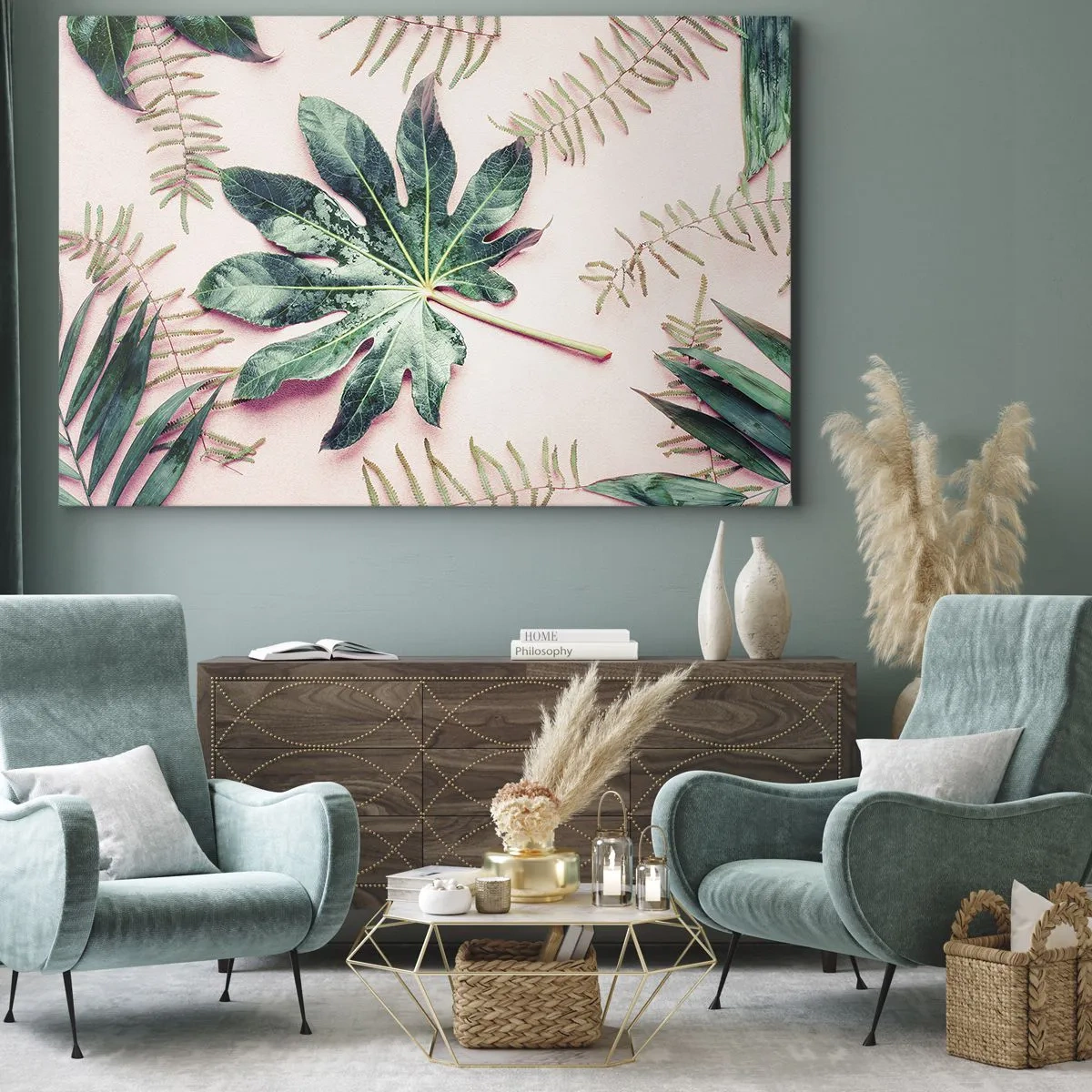 Cuadro sobre lienzo - Impresión de Imagen - Hojas tropicales sobre un fondo pastel claro. - 70x50cm - Estudio de vegetación sobre fondo rosa - Decoración de pared moderna para salón y dormitorio ARTTOR