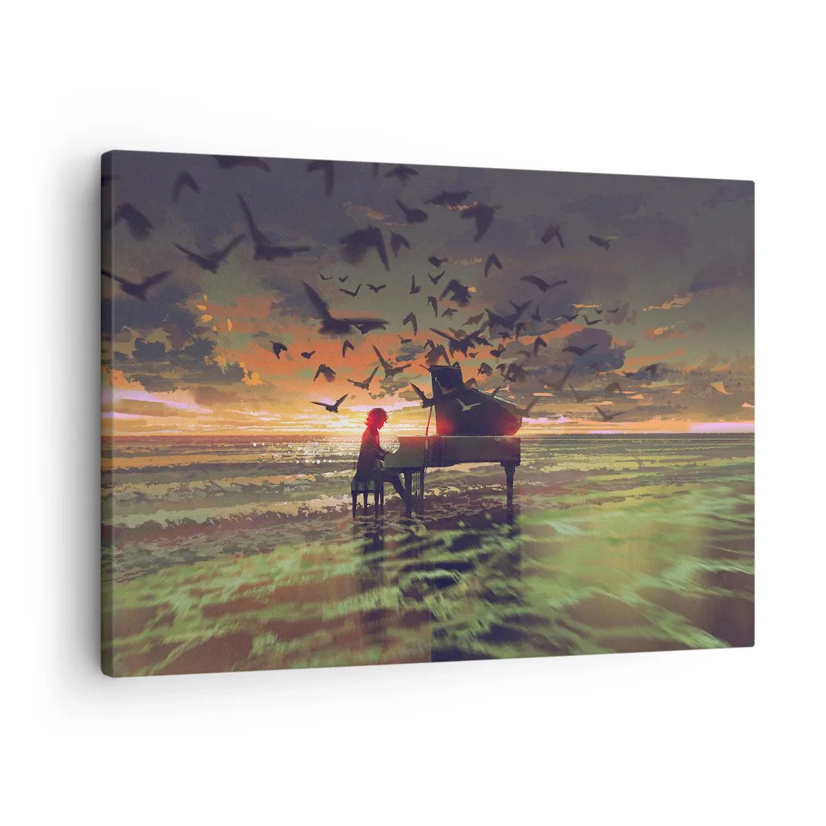 Cuadro sobre lienzo - Impresión de Imagen - Un piano en la orilla del mar al atardecer con pájaros. - 70x50cm - Concierto de piano y olas - Decoración de pared moderna para salón y dormitorio ARTTOR