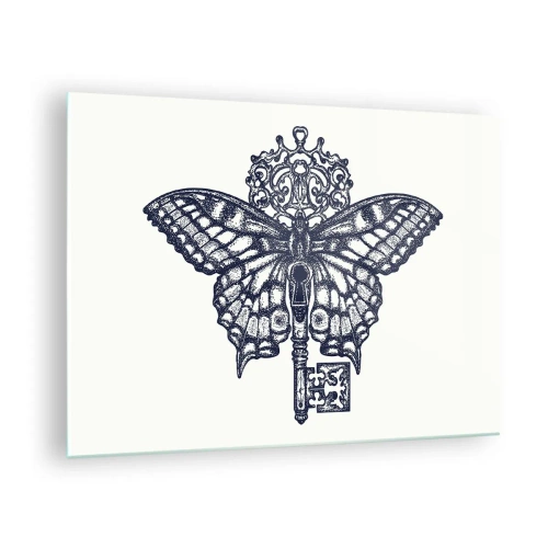 Cuadro sobre vidrio - Impresiones sobre Vidrio - Ilustración de una mariposa con una llave en el centro. - 70x50cm - Todos los secretos del corazón - Decoración de pared moderna para salón y dormitorio ARTTOR