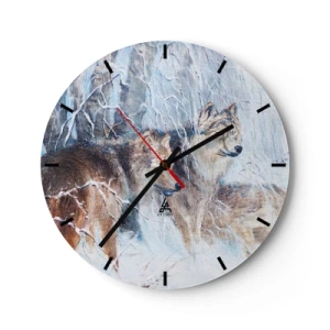 Reloj de pared - Reloj de vidrio - Un lobo en un paisaje invernal, rodeado de árboles nevados. - 30x30cm - ¡Cuidado! Aquí viene... - Decoración de pared moderna para salón, cocina y dormitorio ARTTOR