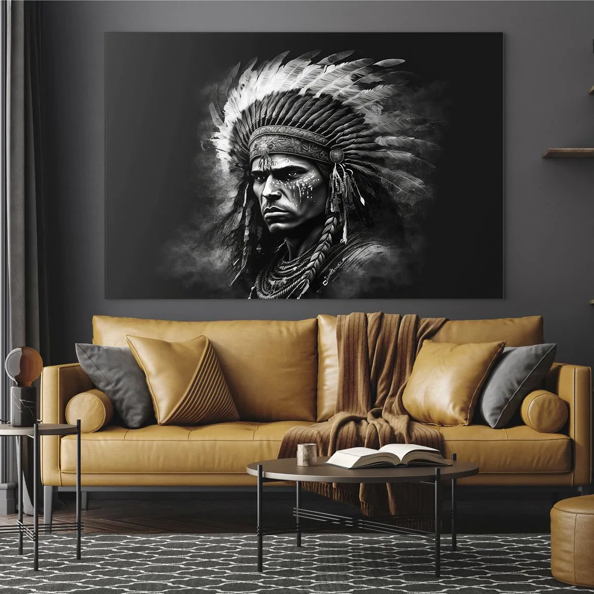 Cuadro sobre vidrio - Impresiones sobre Vidrio - Retrato en blanco y negro de un guerrero con un tocado de plumas. - 70x50cm - Líder y guerrero - Decoración de pared moderna para salón y dormitorio ARTTOR
