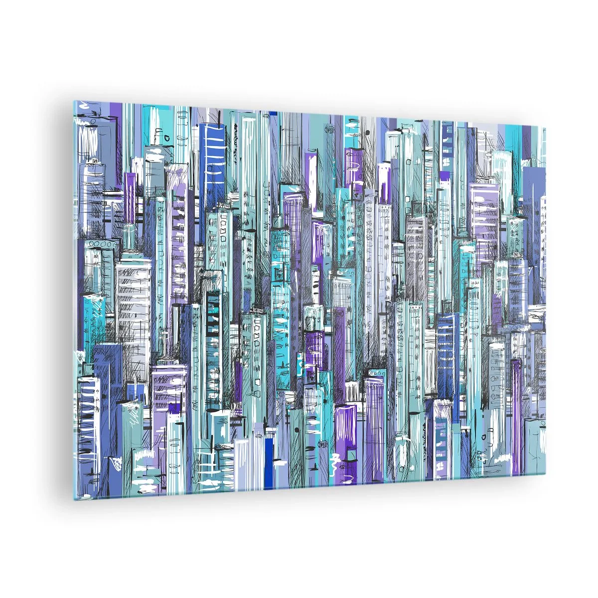 Cuadro sobre vidrio - Impresiones sobre Vidrio - Ilustración de una ciudad llena de rascacielos en tonos fríos. - 70x50cm - Azul del cielo - Decoración de pared moderna para salón y dormitorio ARTTOR