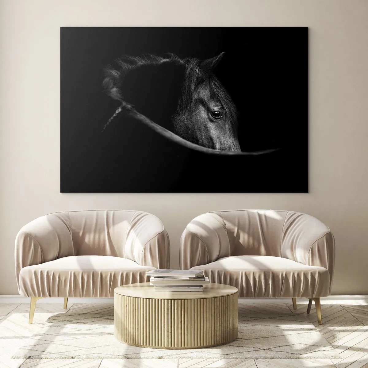 Cuadro sobre vidrio - Impresiones sobre Vidrio - Perfil de un caballo negro en la sombra con un ojo visible - 100x70cm - Príncipe negro - Decoración de pared moderna para salón y dormitorio ARTTOR