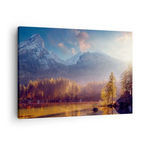 Cuadro sobre lienzo - Impresión de Imagen - Vista pintoresca del bosque de montaña y el lago al amanecer. - 70x50cm - Entre las montañas y los valles - Decoración de pared moderna para salón y dormitorio ARTTOR