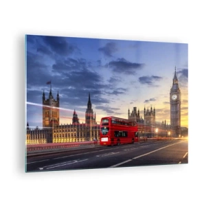Cuadro sobre vidrio - Impresiones sobre Vidrio - El Big Ben y el autobús rojo en Londres al atardecer - 70x50cm - Lo más característico - Decoración de pared moderna para salón y dormitorio ARTTOR