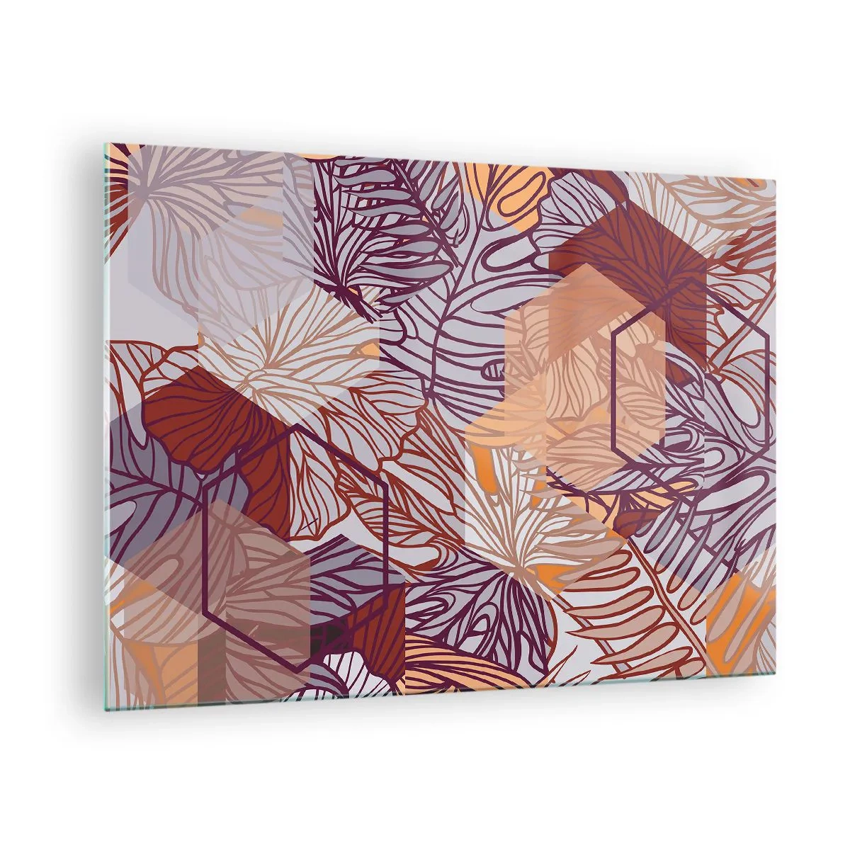 Cuadro sobre vidrio - Impresiones sobre Vidrio - Hojas gráficas sobre un fondo de formas geométricas. - 70x50cm - La unión imposible de la geometría y la naturaleza - Decoración de pared moderna para salón y dormitorio ARTTOR