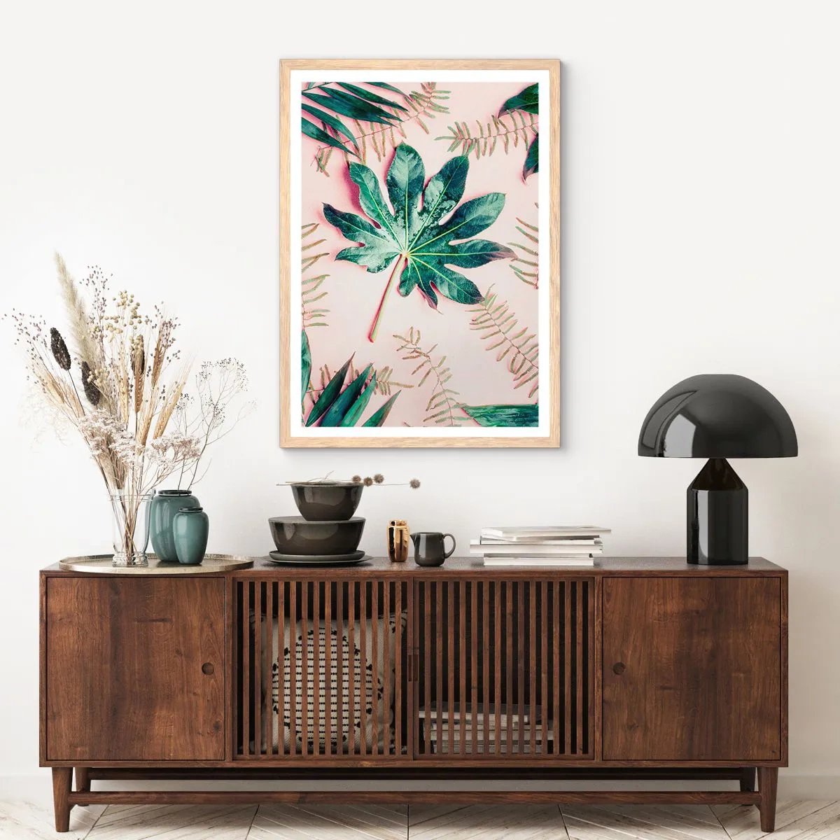 Póster en marco roble claro - Estudio de vegetación sobre fondo rosa - 70x100 cm