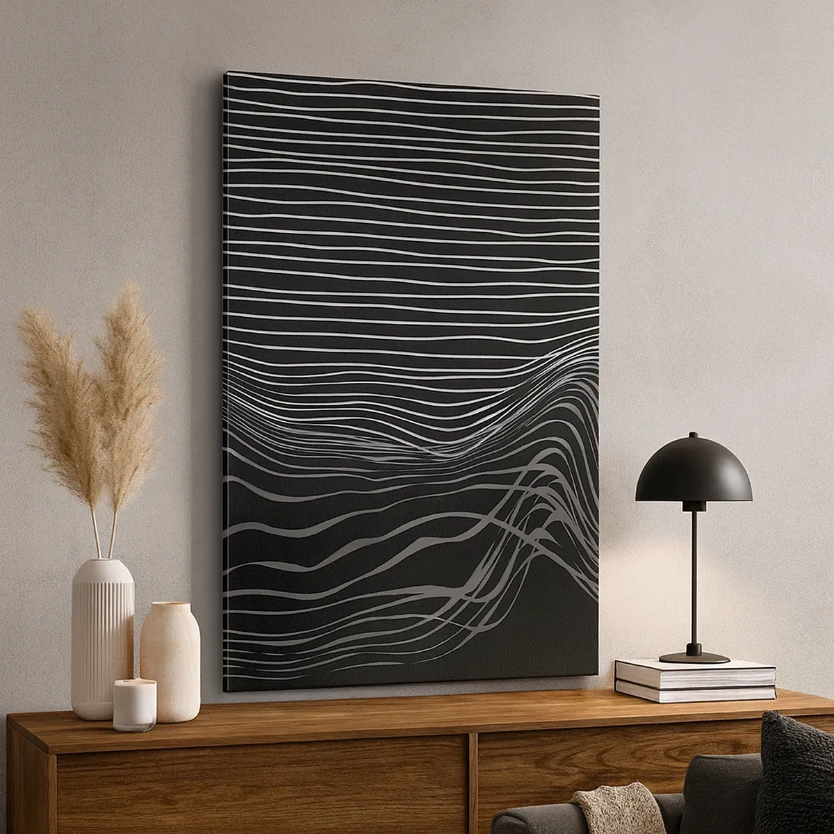 Cuadro sobre lienzo - Impresión de Imagen - Líneas blancas sobre un fondo gris oscuro en una disposición abstracta. - 50x70cm - Ritmo y acento - Decoración de pared moderna para salón y dormitorio ARTTOR