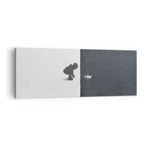 Cuadro sobre lienzo - Impresión de Imagen - Figura de un niño con un barquito de papel sobre un fondo de mitades contrastantes. - 140x50cm - Una gran expedición náutica - Decoración de pared moderna para salón y dormitorio ARTTOR