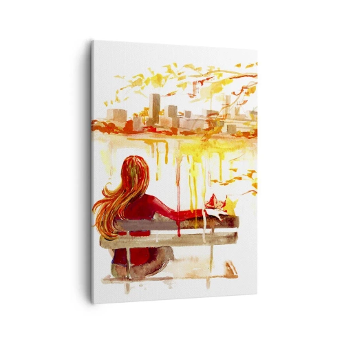 Cuadro sobre lienzo - Impresión de Imagen - Escena de acuarela de una mujer en un banco con vistas a la ciudad. - 50x70cm - Un momento de reflexión - Decoración de pared moderna para salón y dormitorio ARTTOR