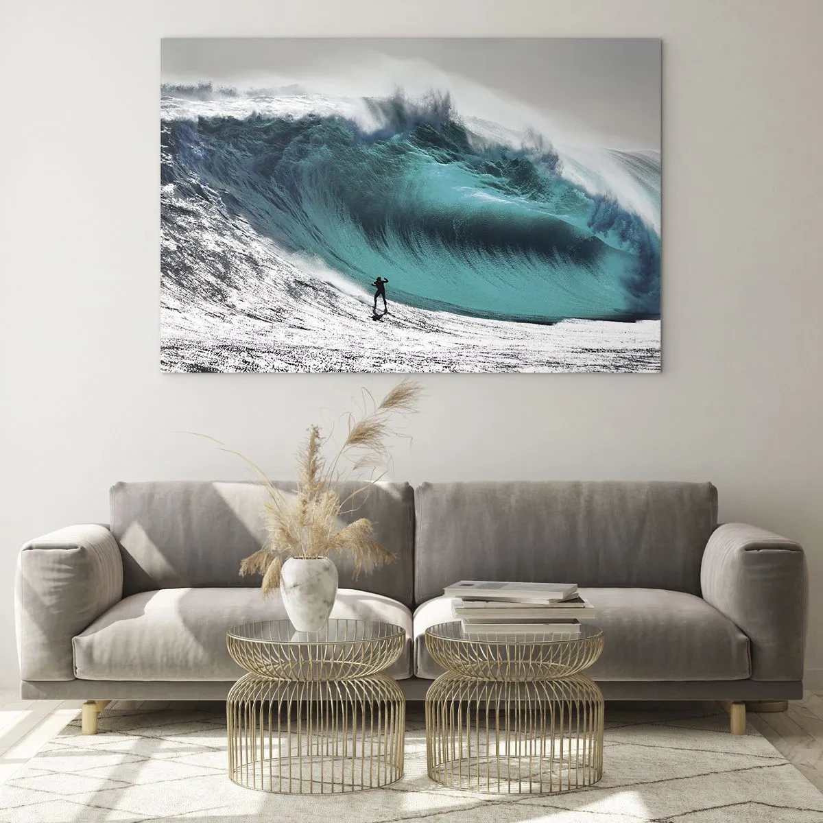 Cuadro sobre vidrio - Impresiones sobre Vidrio - Un surfista frente a una ola enorme - 70x50cm - Reto aceptado - Decoración de pared moderna para salón y dormitorio ARTTOR