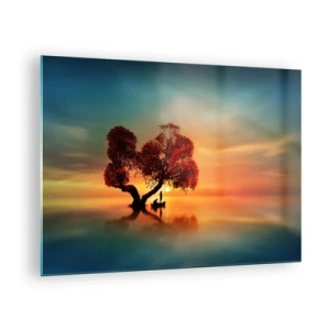 Cuadro sobre vidrio - Impresiones sobre Vidrio - Un árbol con hojas rojas con el atardecer como telón de fondo. - 70x50cm - La lejanía y el silencio del mundo - Decoración de pared moderna para salón y dormitorio ARTTOR