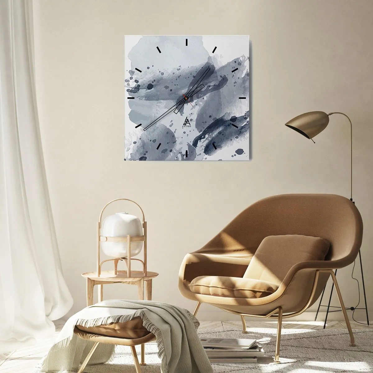 Reloj de pared - Reloj de vidrio - Manchas abstractas en tonos azules sobre un fondo claro - 30x30cm - Un estudio sobre la naturaleza del agua - Decoración de pared moderna para salón y dormitorio ARTTOR